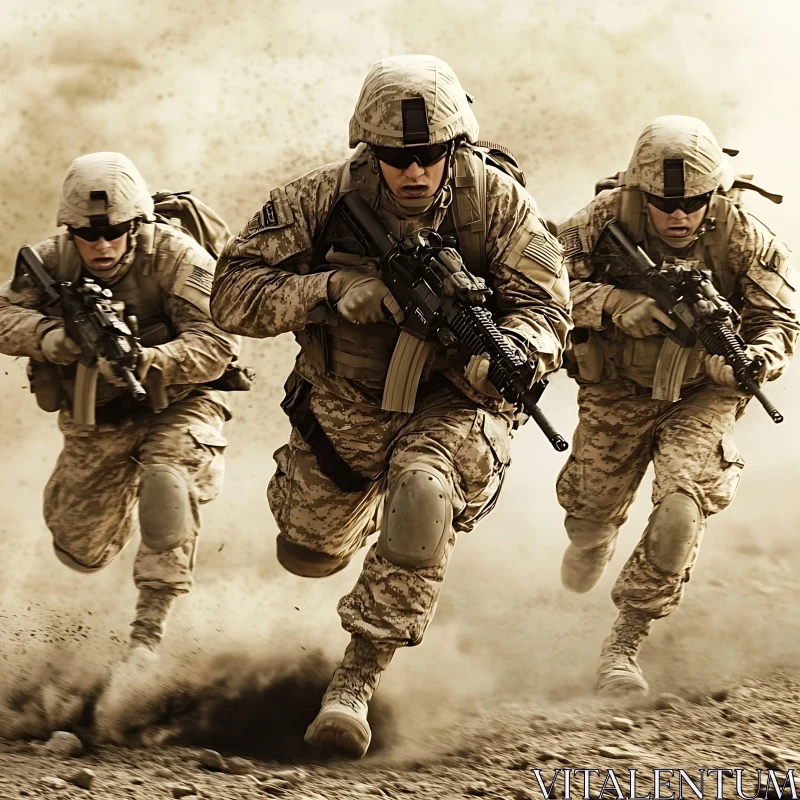 Military Men Running in Desert AI Image