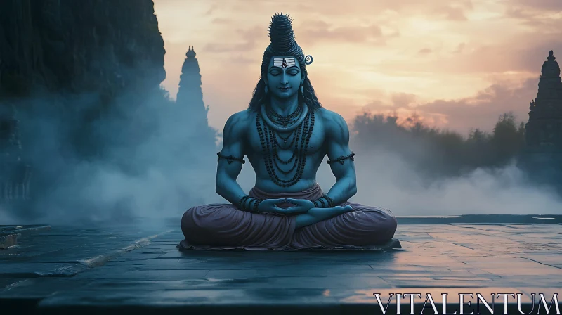 Meditative Shiva on Misty Platform AI Image