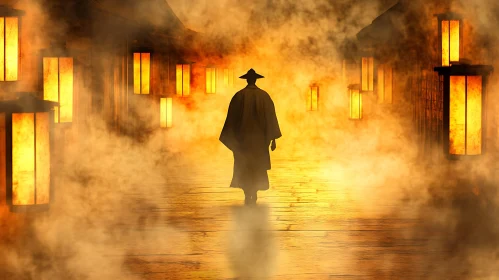 Silhouette in Foggy Lantern Light
