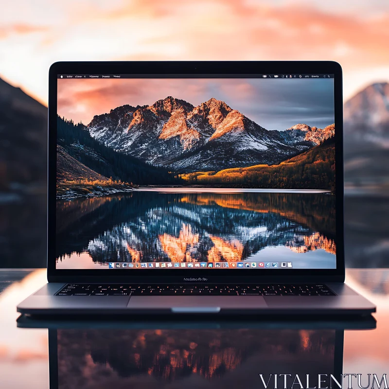 Mountain Landscape on Laptop Screen at Sunset AI Image