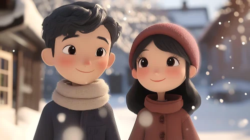 Cartoon Couple in Snowy Winter Scene