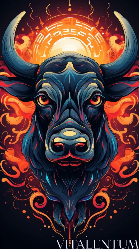Angry Bull in Flames: A Psychedelic Realism Illustration AI Image