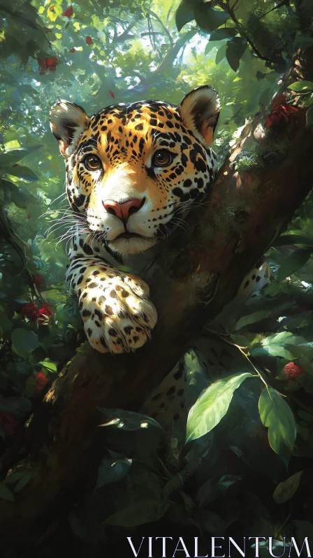 Leopard on Tree Branch Amidst Jungle AI Image