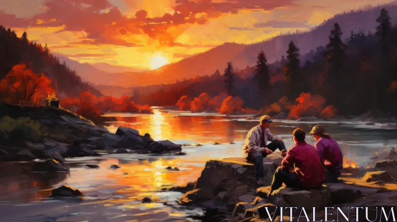 Captivating Painting of Two People by the River | Warm Color Palette AI Image