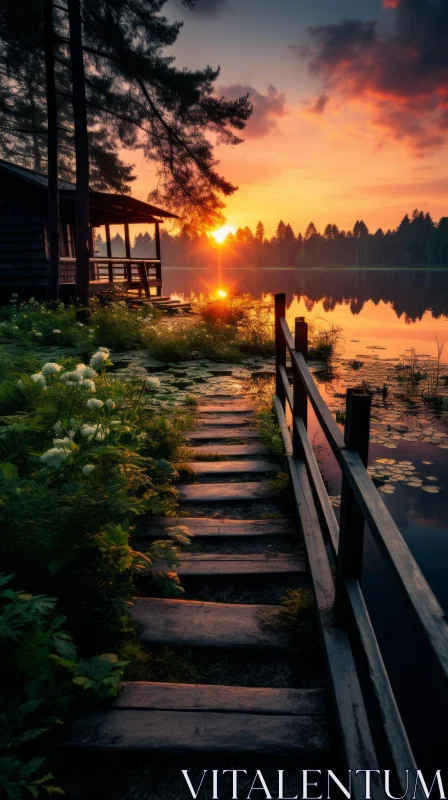 Captivating Sunset Lake Cabin: A Dreamy and Romantic Composition AI Image