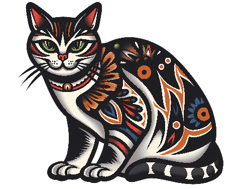 POD Design Cartoon Cat with Floral Pattern and Green Eyes in Traditional Tattoo Style