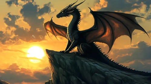 Black Dragon on Cliff at Sunset