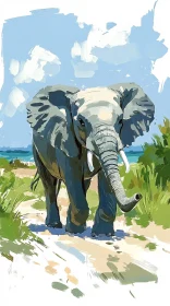 Elephant in a Serene Landscape Painting