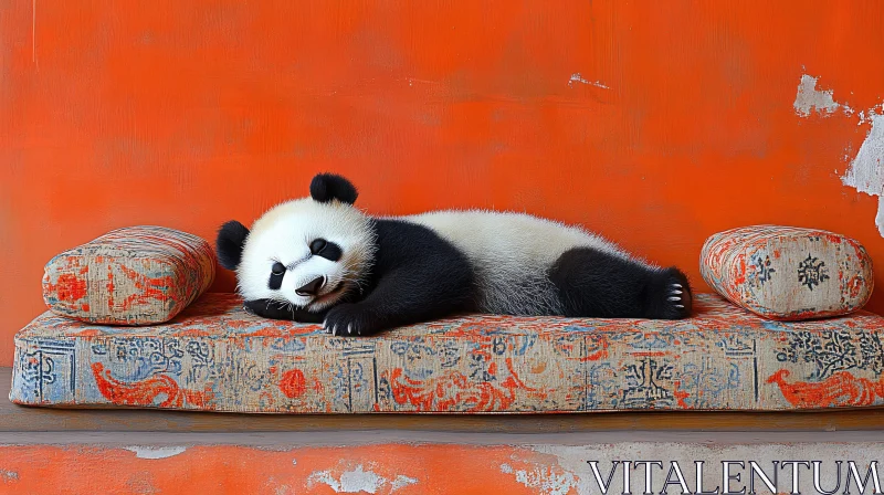 Panda Lounging on an Ornate Cushion AI Image