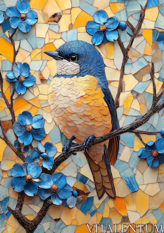 Mosaic Bird on Branch with Flowers AI Image