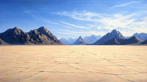 Vast Desert with Mountain Ranges and Cracked Ground