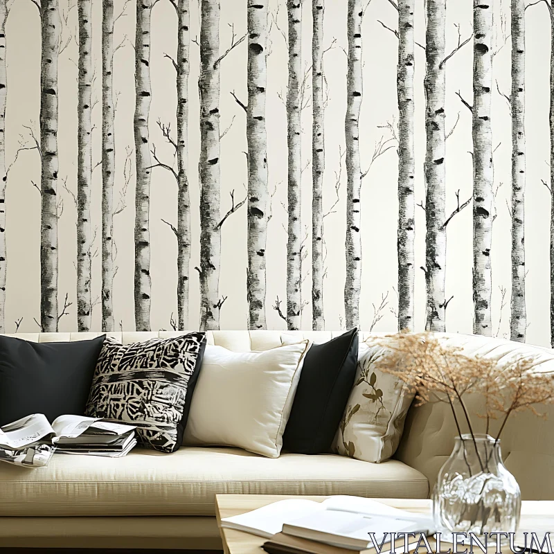 Chic Interior Decor with Tree-themed Wall Art and Comfortable Seating AI Image