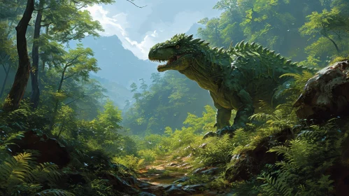 Green Dinosaur in Lush Jungle - Digital Painting