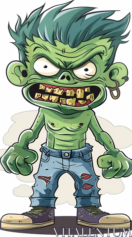 Green Zombie Cartoon Illustration in Menacing Pose AI Image