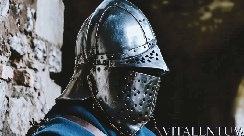 Medieval Knight's Helmet - Metal Visor, Rivets, Chainmail Aventail AI Image