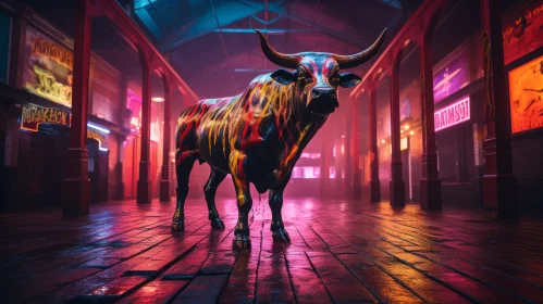 Neon Lit Bull in Dark Corridor: An Urban Mexican Style