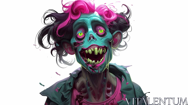 Photorealistic Zombie Portrait with Pink Hair and Green Jacket AI Image