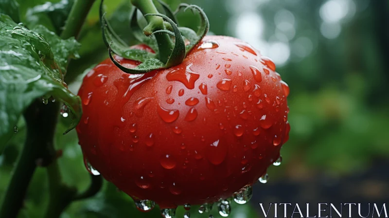 Ripe Tomato on Plant with Rain Drops - Matte Finish Photo AI Image