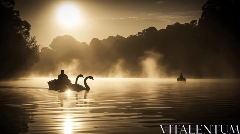 Serene Lake Sunrise Landscape with Swans and Boat AI Image