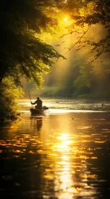 Twilight Serenity: Captivating Nature Scene with a Man Rowing a Boat
