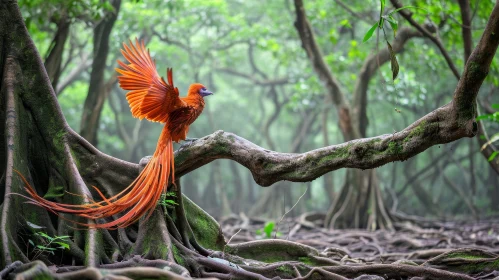 Vibrant Bird with Orange Feathers in Lush Green Forest