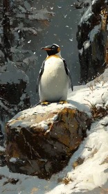 Solo Penguin in Snowy Landscape
