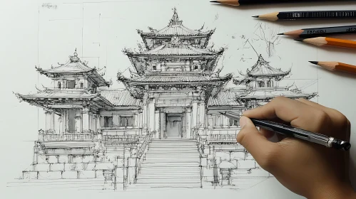 Architectural Sketch of Asian Temple