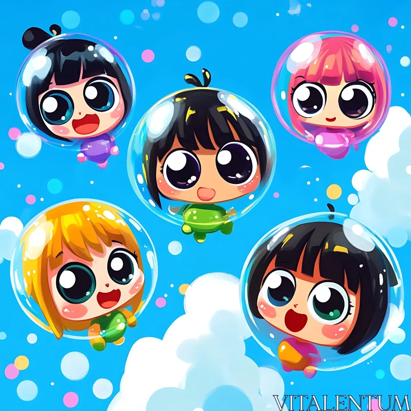 Cute Cartoon Characters Floating in Bubbles AI Image