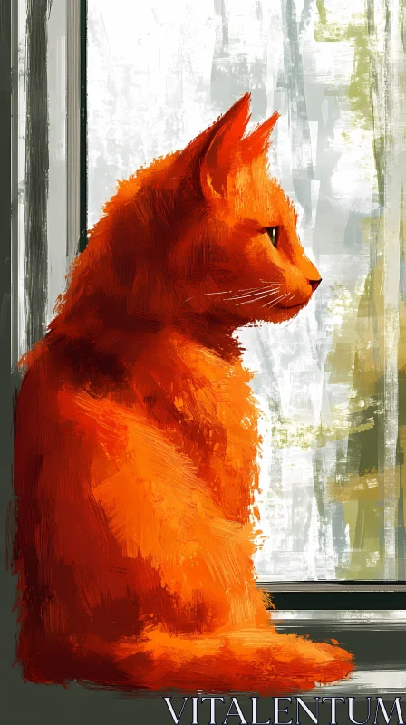 Portrait of Orange Cat Looking Outside AI Image