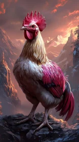 Rooster Portrait in Mountain Sunset