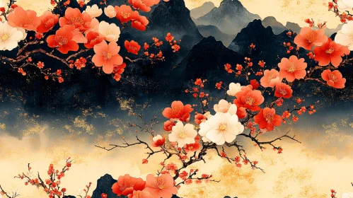 Oriental Blossom Mountain Canvas Art