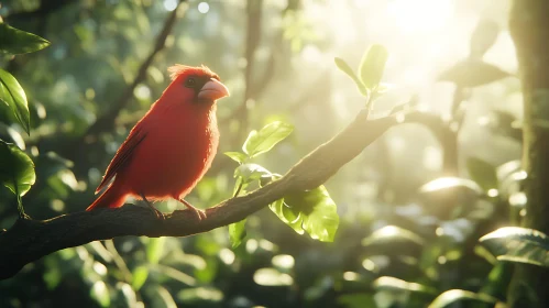 Red Cardinal on Branch in Green Forest