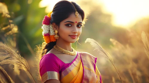 Serene Woman with Flowers in Golden Light