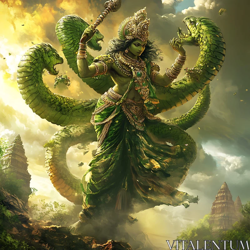 Green God with Snakes AI Image