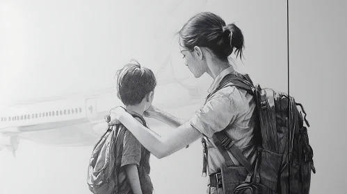 Monochrome Airport Sketch: Mother's Farewell