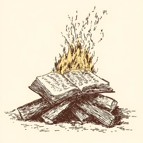 Flaming Book Sketch on Logs