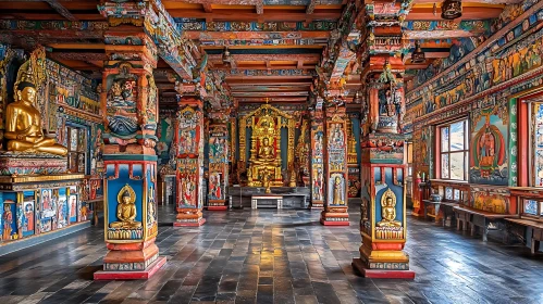 Vibrant Buddha Temple with Golden Statues