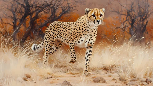 Cheetah Walking Through Dry Landscape