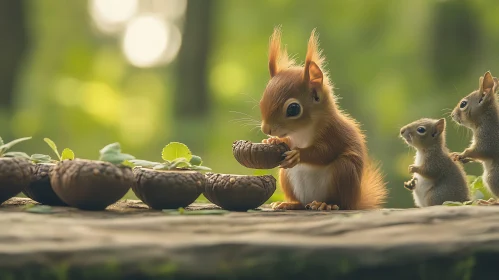 Squirrel Family Feast in the Forest