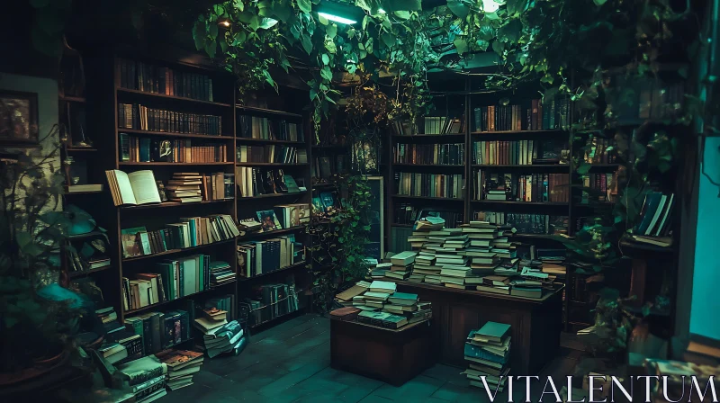 Indoor Library with Plants and Books AI Image