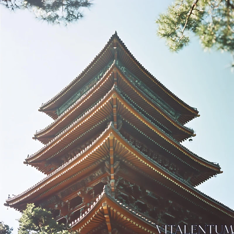 Multi-Tiered Pagoda Under Blue Sky AI Image