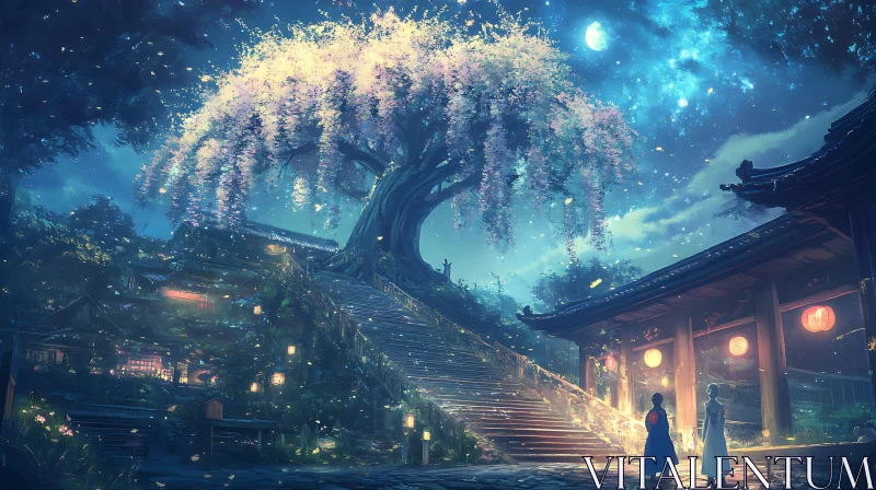 Moonlit Japanese Garden with Blossoms AI Image