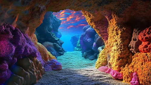 Colorful Underwater Scene in a Coral Cave