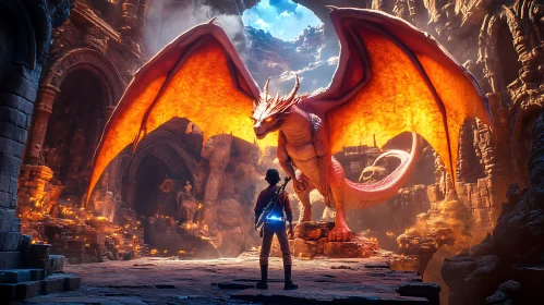 Fiery Dragon Confrontation in Stone Cave