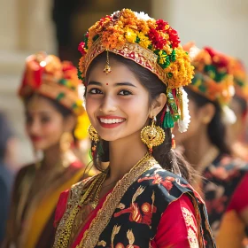 Woman with Floral Headdress and Jewelry Smiling