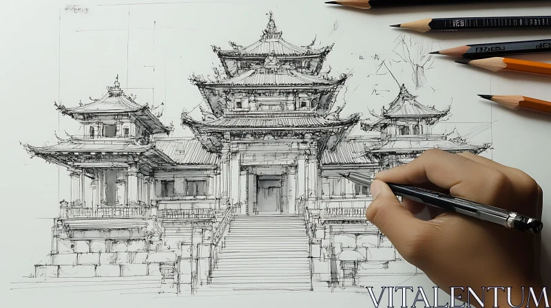 Architectural Sketch of Asian Temple AI Image