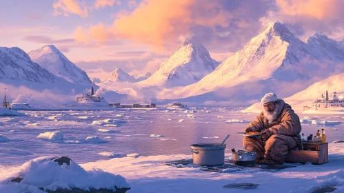 Snowy Meal Preparation in Arctic Landscape