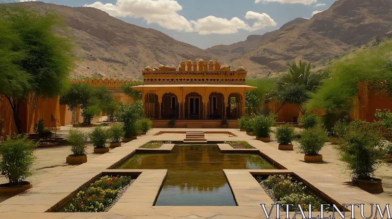 Reflecting Pool and Mountains in Courtyard AI Image