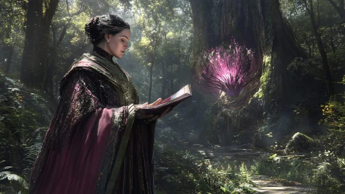 Woman Reading Book in Forest