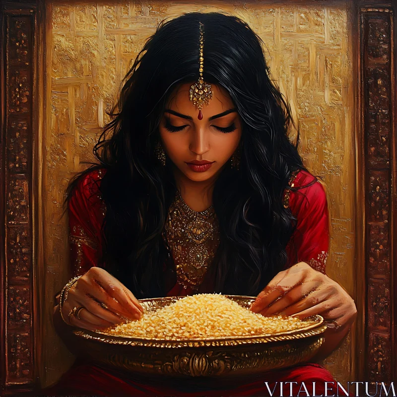 Serene Portrait: Woman and Golden Bowl AI Image